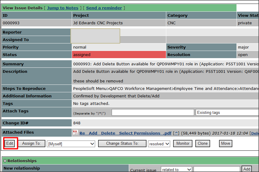After selecting a Bug and Click on Edit Button