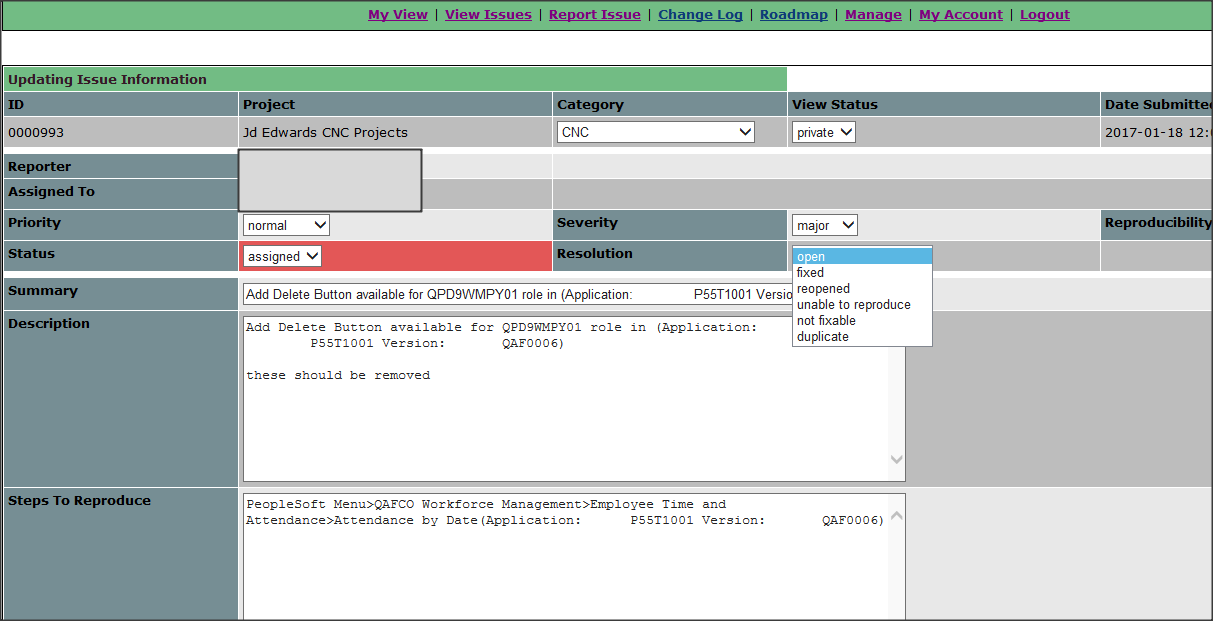 Edit Mode of a Bug, Resolution drop down allows user to select a value