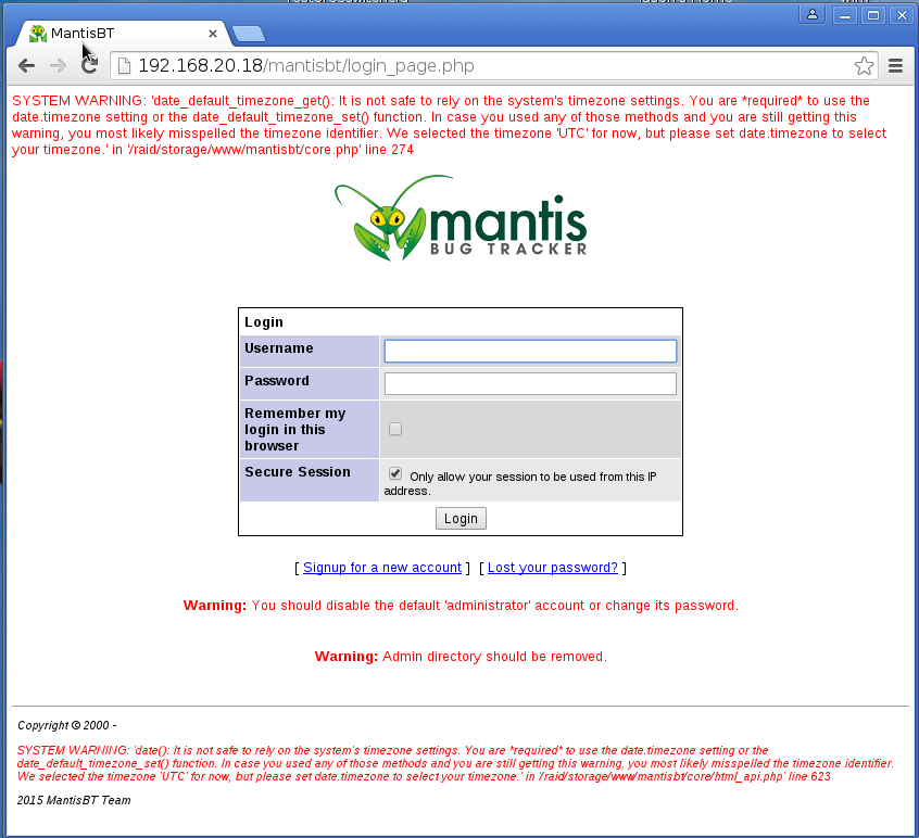 Post-installation, before setting date.timezone = 'Europe/London' in php.ini